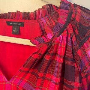 Ann Taylor Vibrant Red/Purple Checkered Top - Large